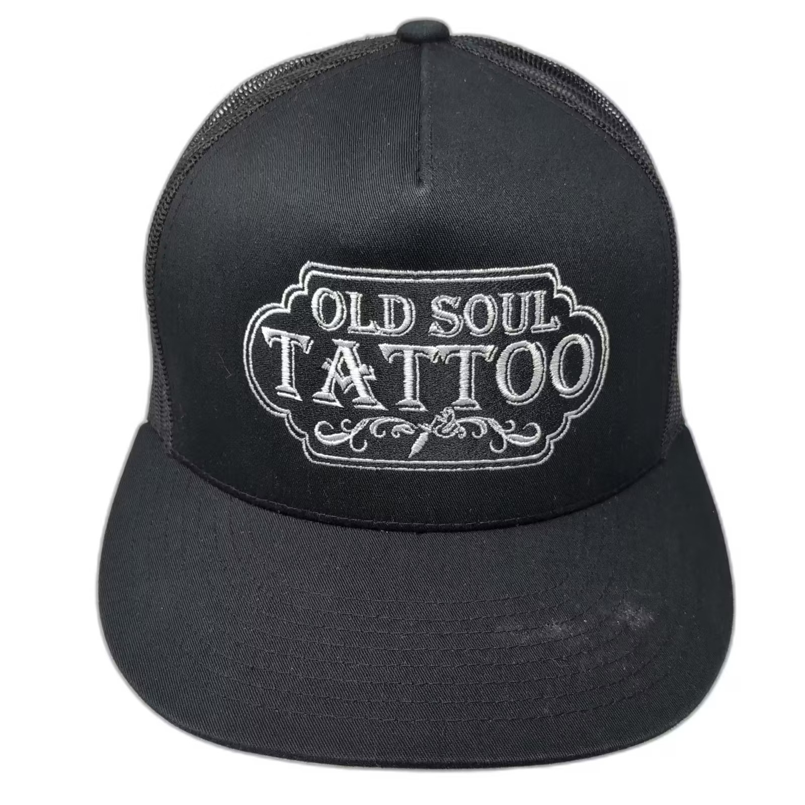 Yupoong Trucker Hat Black White One Size Snapback Mesh Embroidered Adjustable